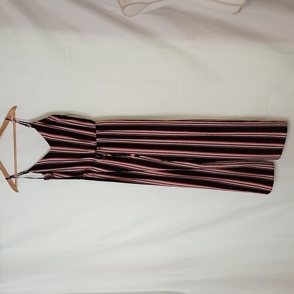 AMBIANCE STRIPED JUMPSUIT Sz: SMALL red black striped bubble crepe wide leg - Picture 2 of 12